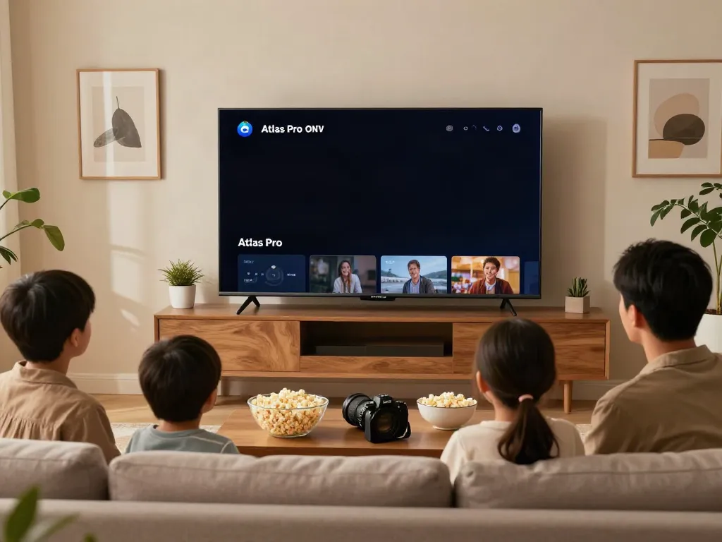 Famille profitant d'Atlas Pro ONTV dans un salon moderne, ambiance chaleureuse.