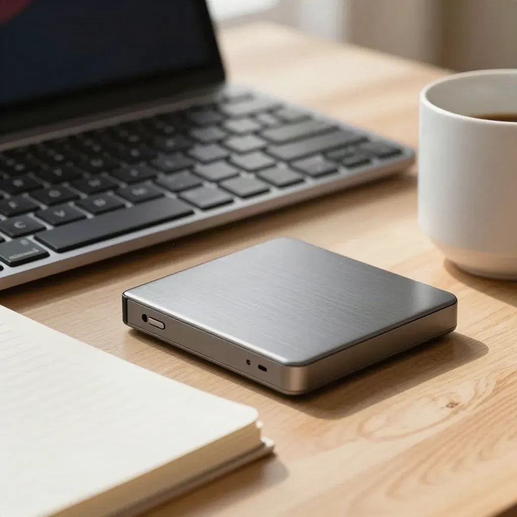 Gros plan d’un laptop ouvert, clavier mécanique, carnet vierge, SSD et tasse sur bois blond.