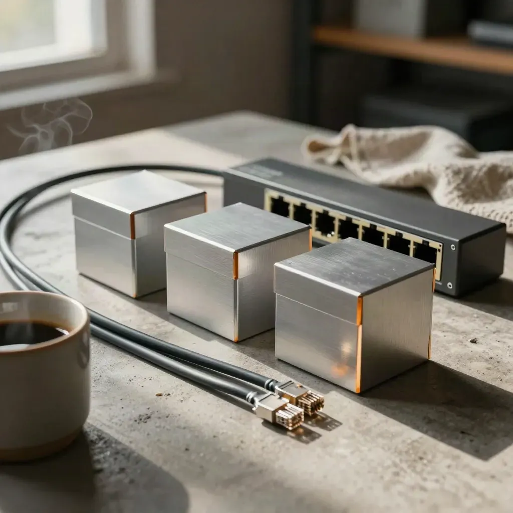 Comparaison de trois boîtiers compacts et d’un switch réseau sur table en béton, avec vapeur de café.