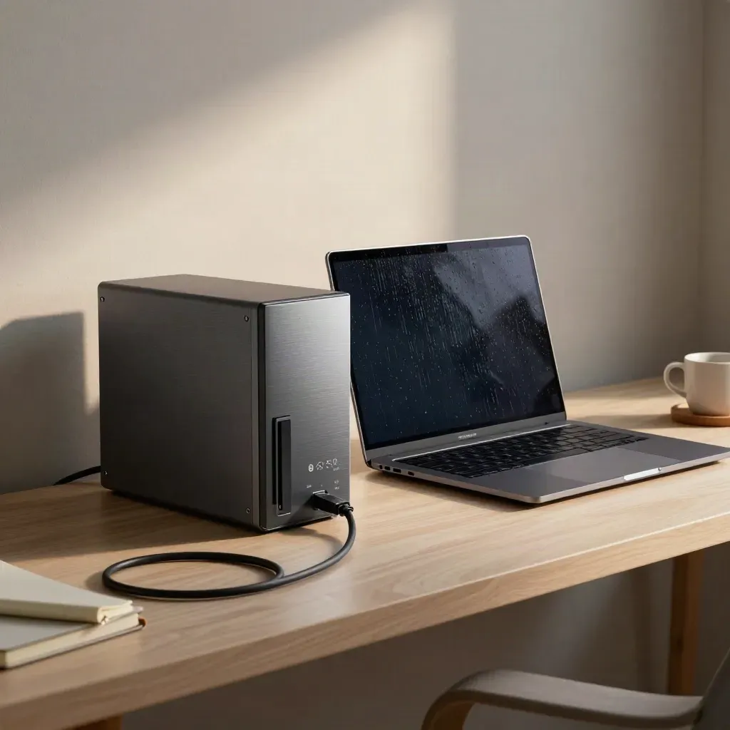 Coin développeur Scala avec laptop, serveur Linux, câble ethernet, carnet et tasse sur bois clair