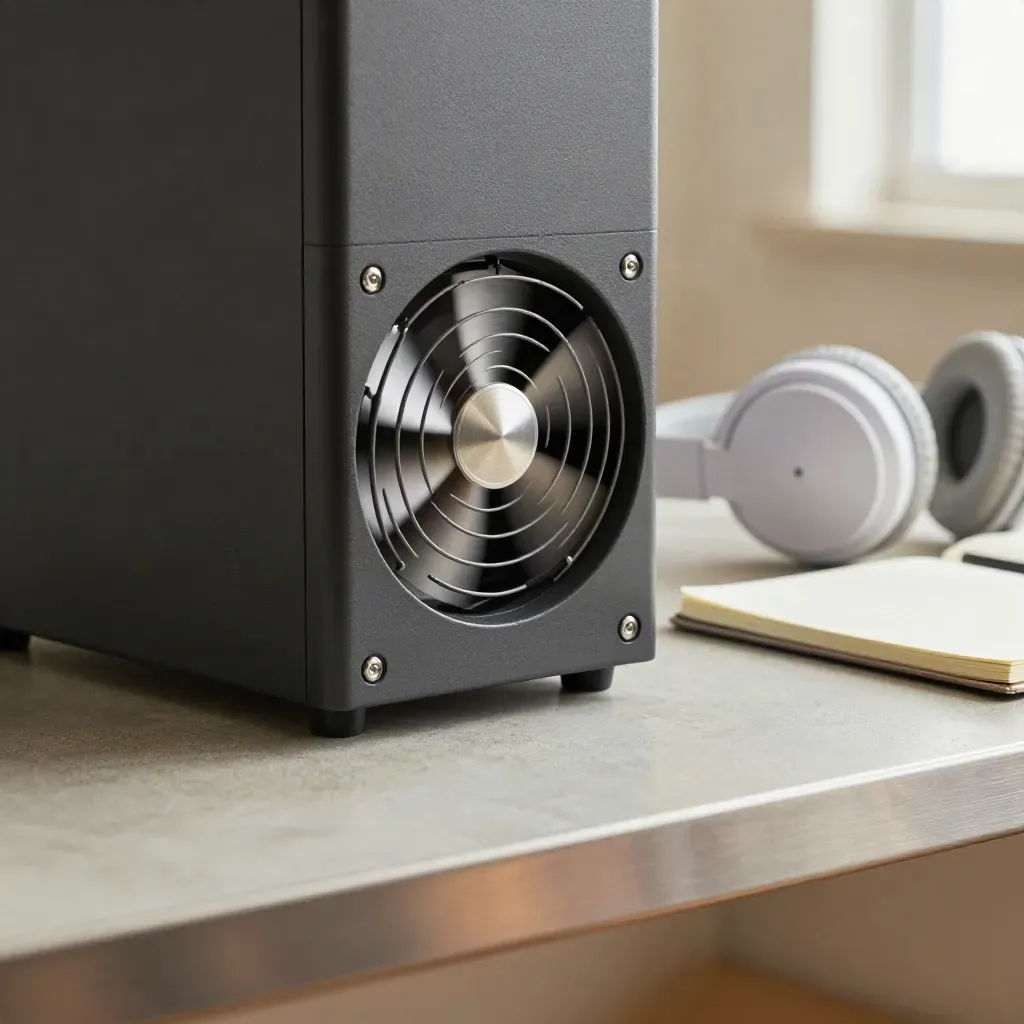Tour noire, ventilateur alu, casque blanc et carnet plié sur un bureau en béton.