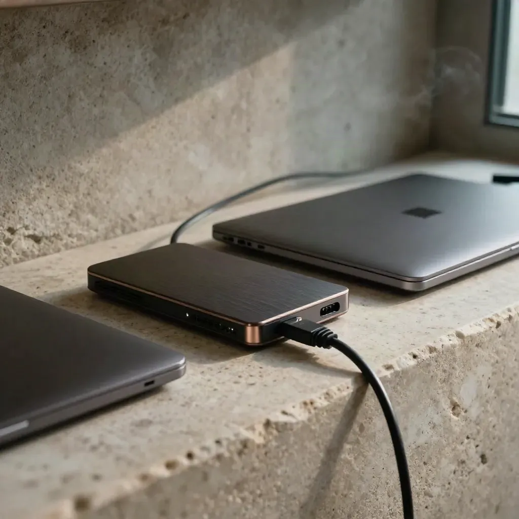 Deux laptops fermés, un routeur et un câble Ethernet sur pierre claire, lumière froide cinématographique.