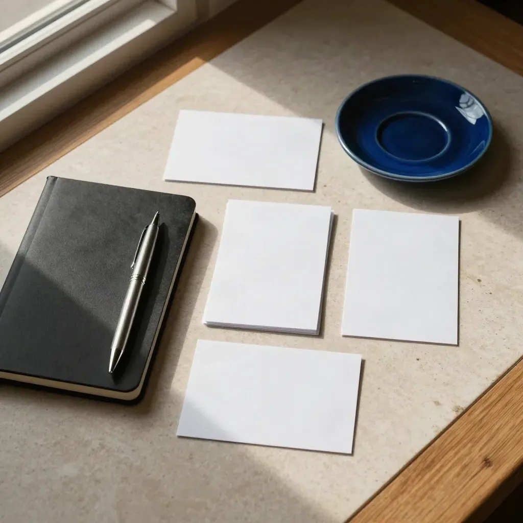 Grille de cartes de test retournées, carnet noir, stylo alu et coupelle céramique sur travertin.