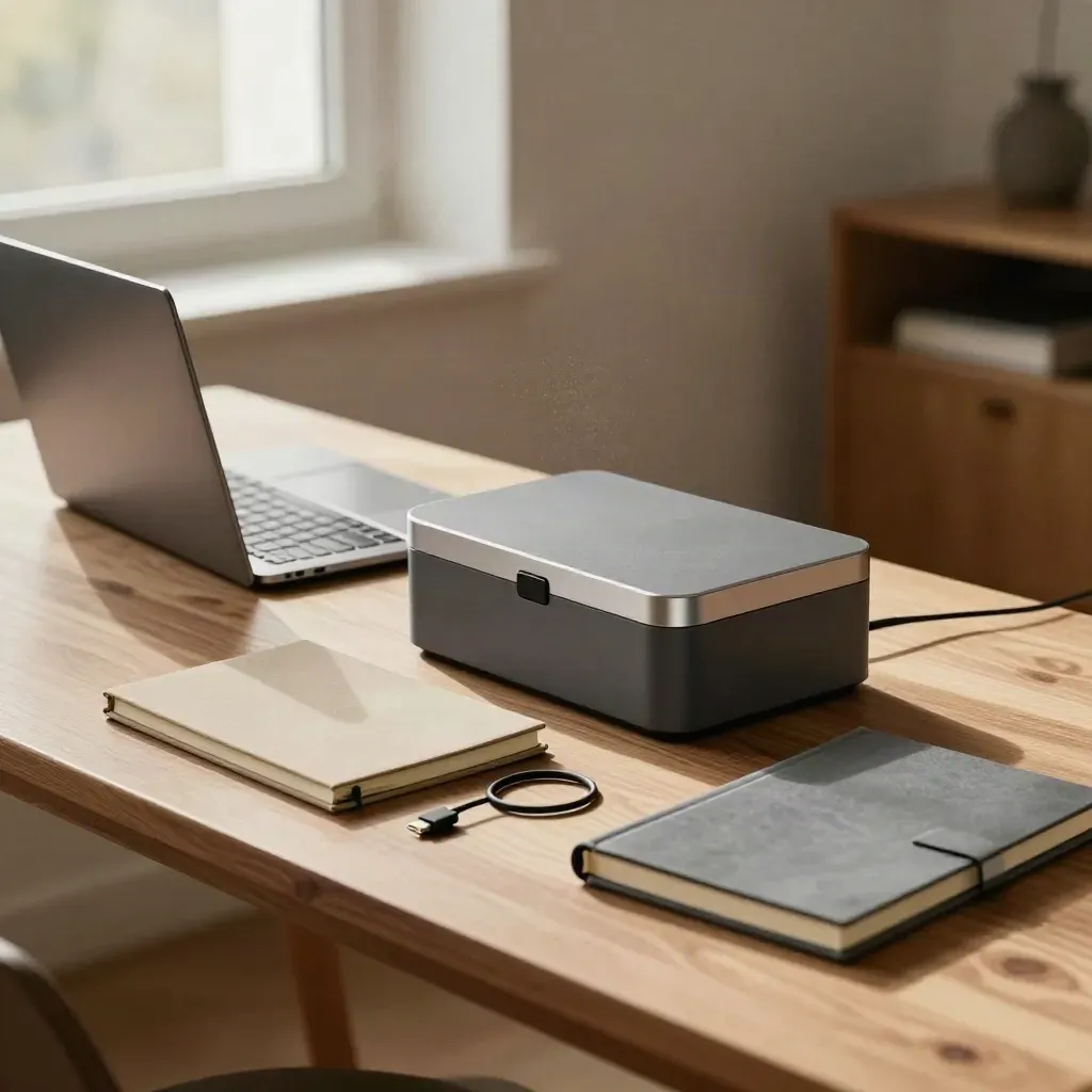 Portable ouvert, boîtier de build, deux carnets et câble USB-C sur bois clair, lumière chaude.