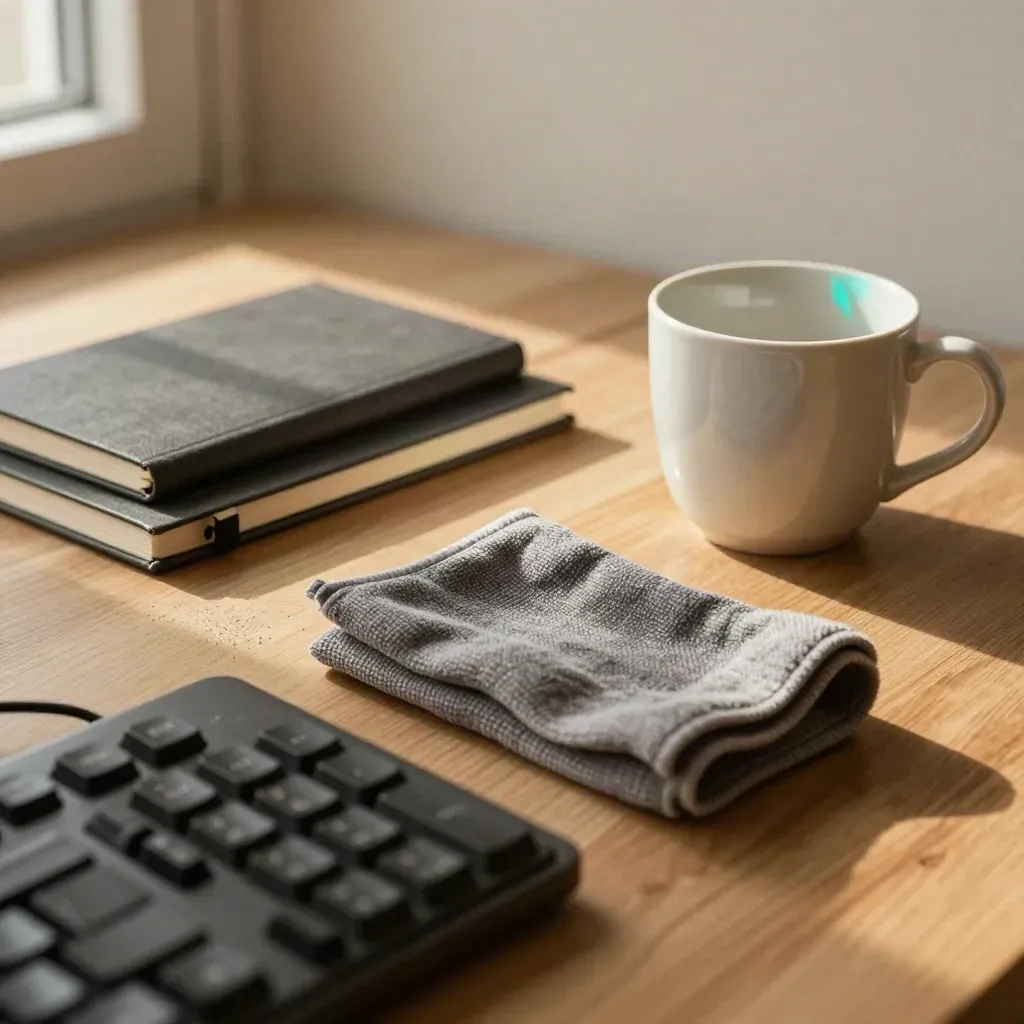 Gros plan d’un bureau épuré avec clavier sombre, carnets fermés, chiffon gris et tasse claire.