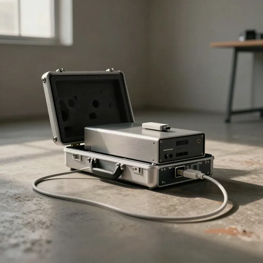 Petit serveur, clé USB, câble enroulé et housse de transport sur sol en béton, lumière du soir.