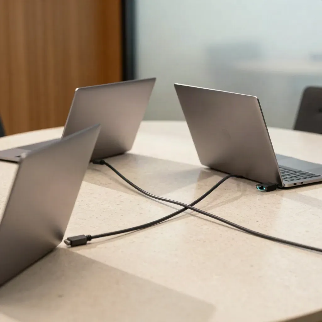 Trois laptops fermés, un switch réseau et deux câbles plats sur une table de réunion.