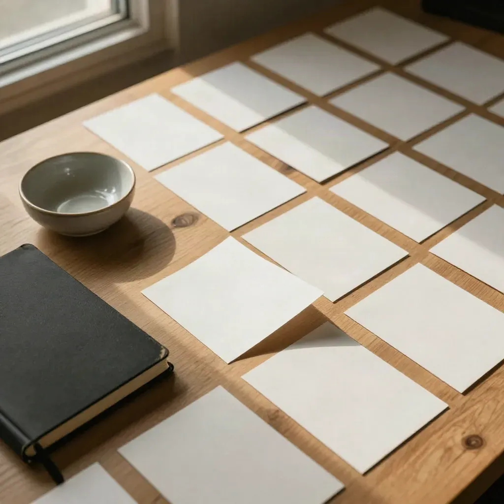 Vue zénithale d’une grille de cartes blanches, d’un carnet noir et d’une coupelle mate sur bois clair.