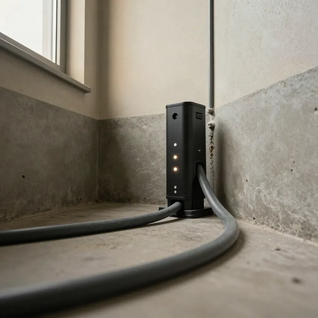 Un câble au premier plan devant une petite tour noire, trois voyants et une poussière froide en corridor.