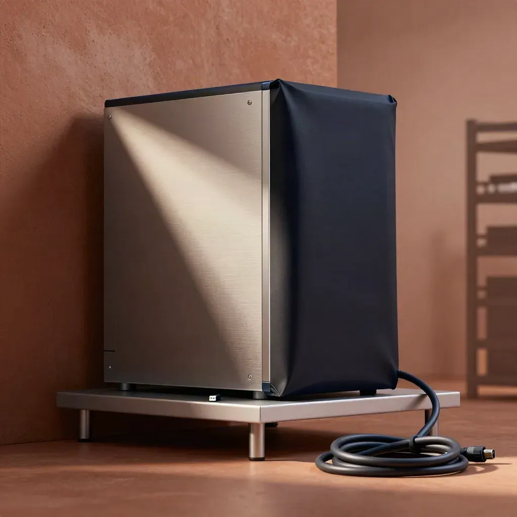 Serveur métal, housse noire, clé USB et câble plié sur une étagère technique calme.