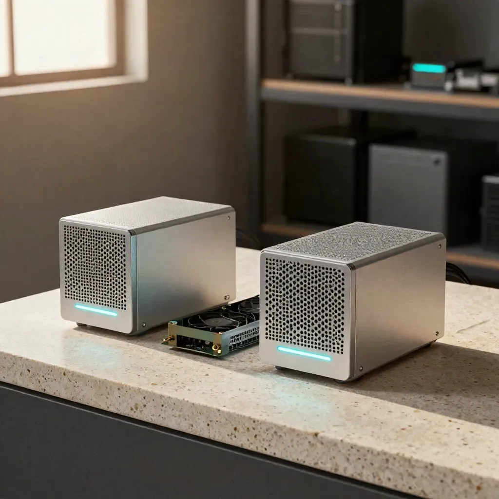 Deux mini serveurs et un module de refroidissement sur une base en pierre claire, en pleine mesure.