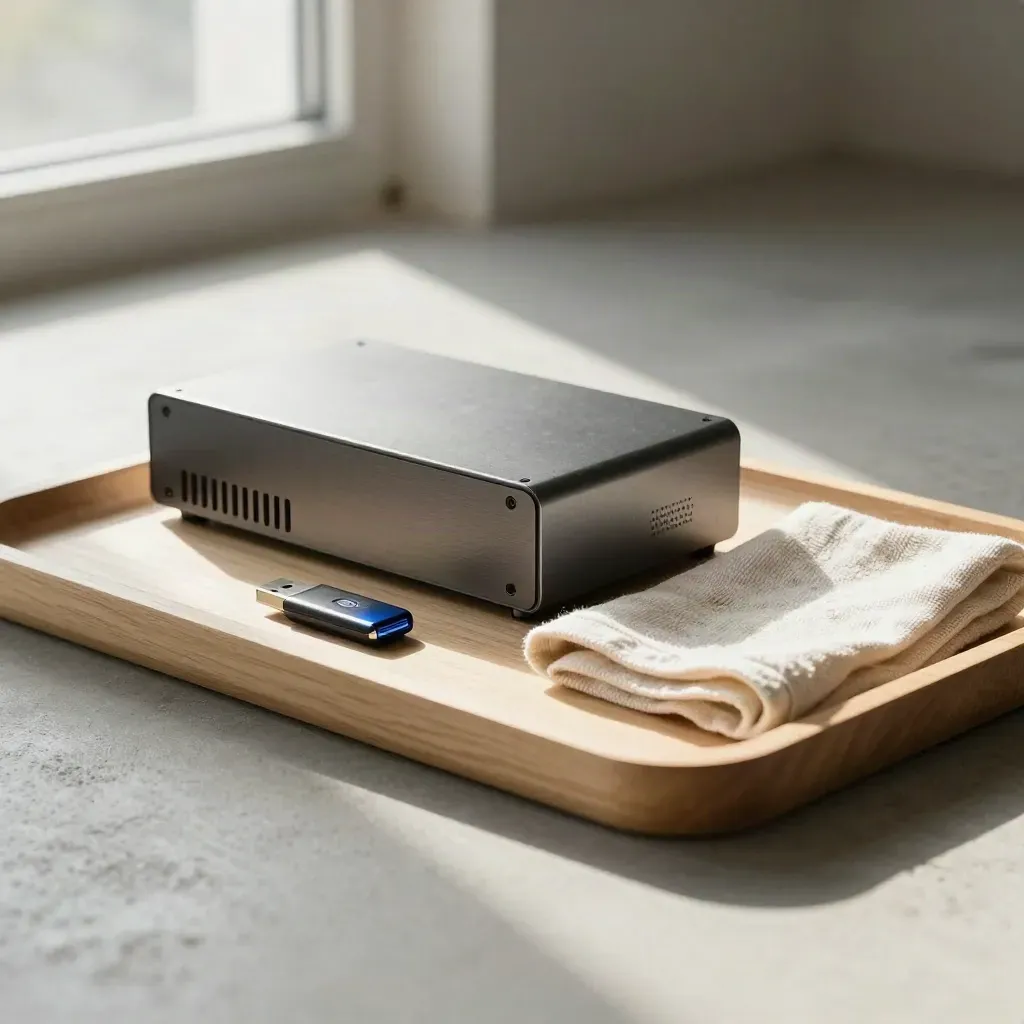 Petit serveur, clé USB métallique et tissu plié sur un plateau en bois clair.