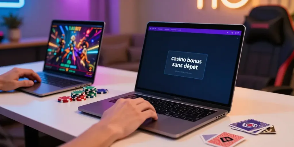 Scène de casino en ligne avec un ordinateur portable et une offre de bonus de casino sans dépôt.